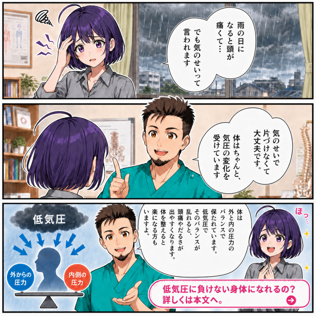 低気圧による頭痛や体調不良をイメージした気象病の解説イラスト